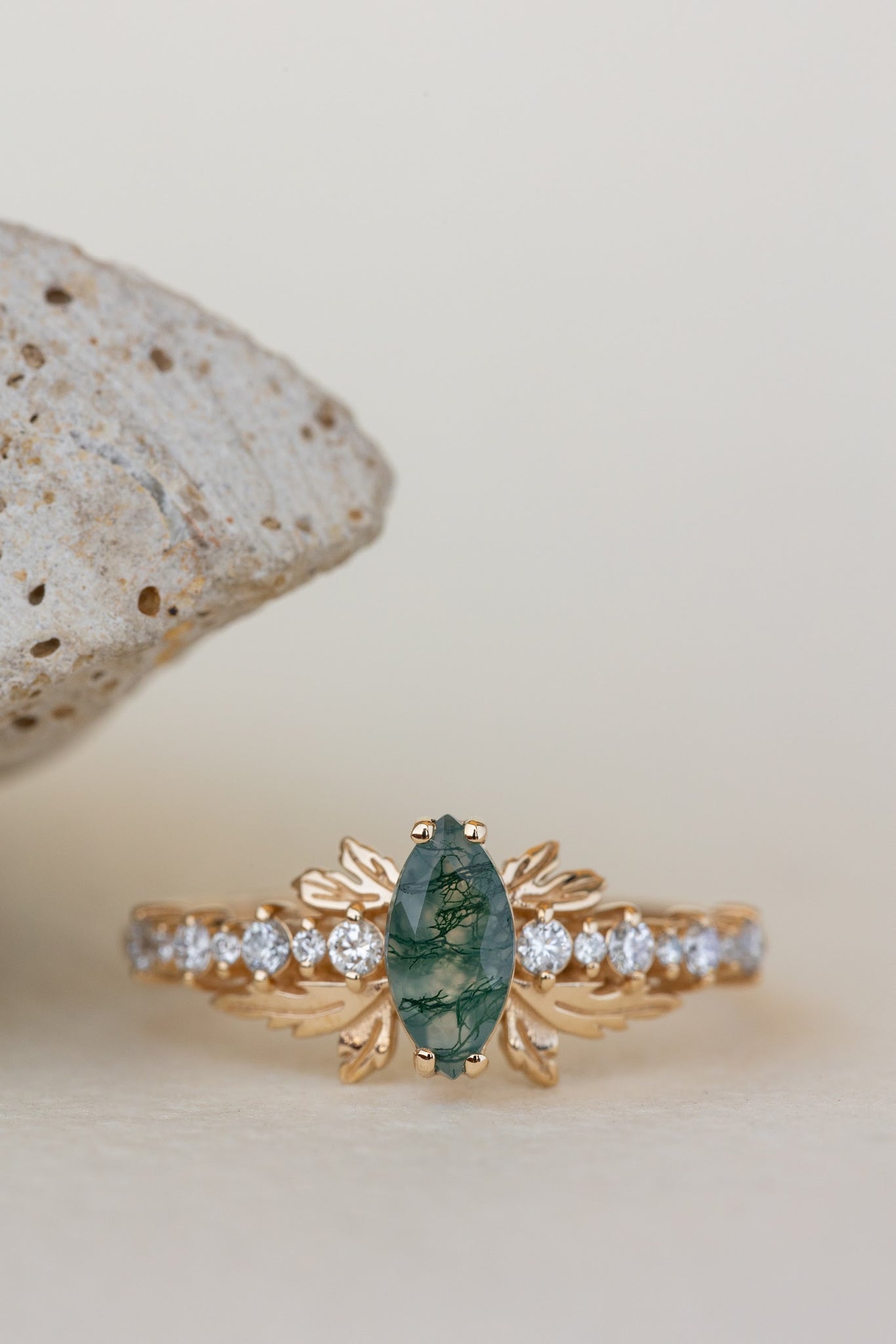 READY TO SHIP: Verbena ring in 18K yellow gold, natural moss agate marquise cut 8x4 mm, accents lab grown diamonds, RING SIZE: 5.5 - 8.5 US