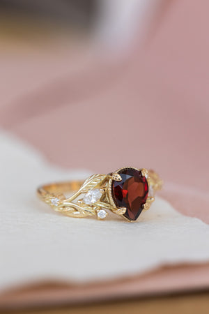 Garnet and diamonds engagement ring, gold branch proposal ring / Patricia - Eden Garden Jewelry™