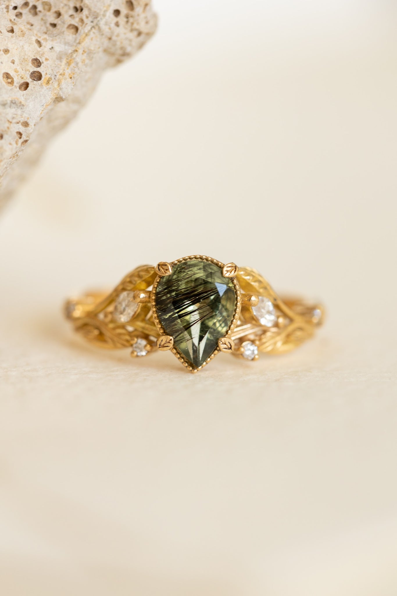 Patricia ring in 14K yellow gold, natural rutile peridot,  pear cut 8x6 mm - Eden Garden Jewelry™