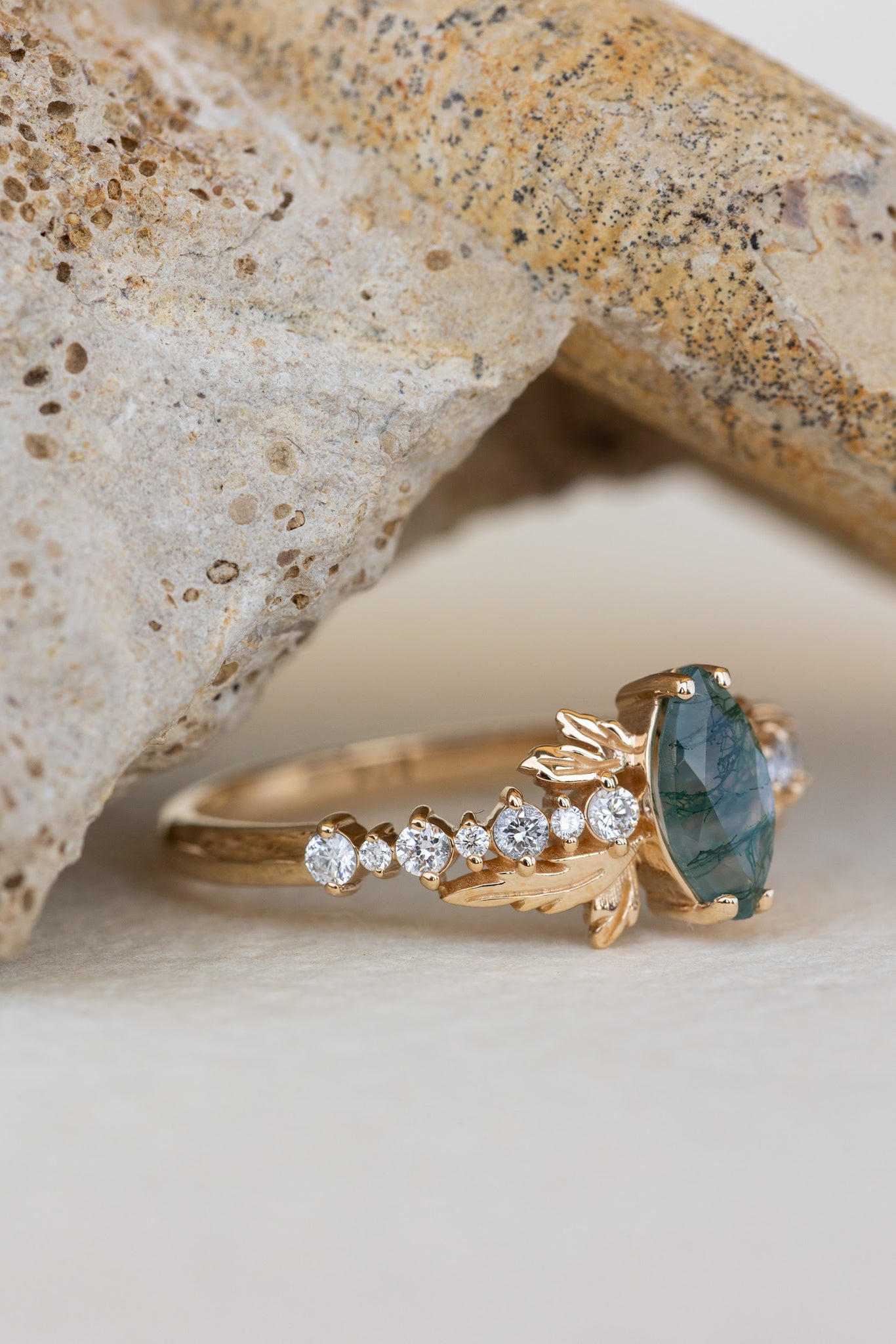 READY TO SHIP: Verbena ring in 18K yellow gold, natural moss agate marquise cut 8x4 mm, accents lab grown diamonds, RING SIZE: 5.5 - 8.5 US