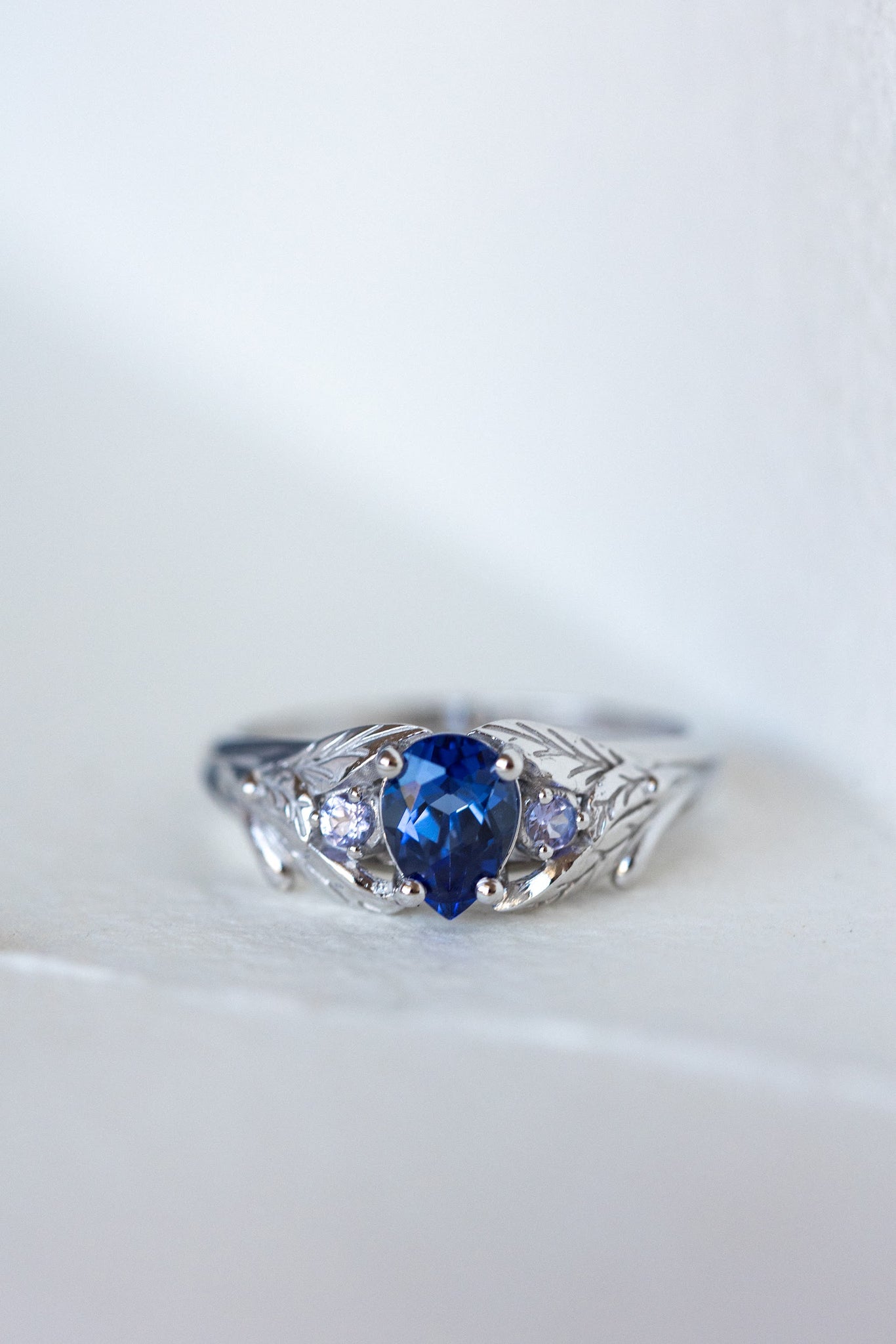 Ethical sapphire engagement ring, gold nature themed ring with side natural tanzanites / Wisteria - Eden Garden Jewelry™