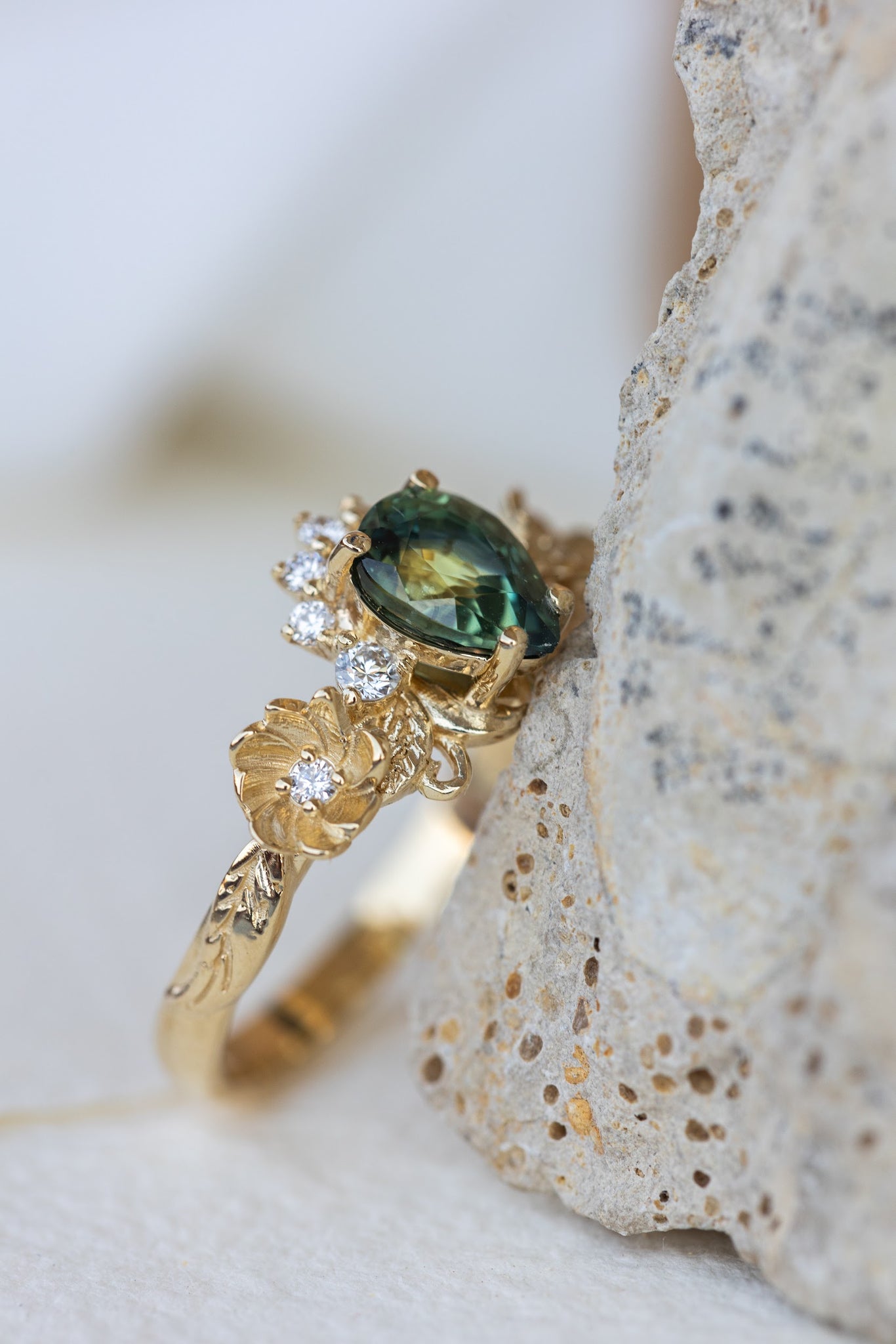 Green sapphire engagement ring with accent diamonds, flower style gold promise ring / Adelina - Eden Garden Jewelry™