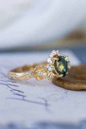 Green sapphire engagement ring with accent diamonds, flower style gold promise ring / Adelina - Eden Garden Jewelry™