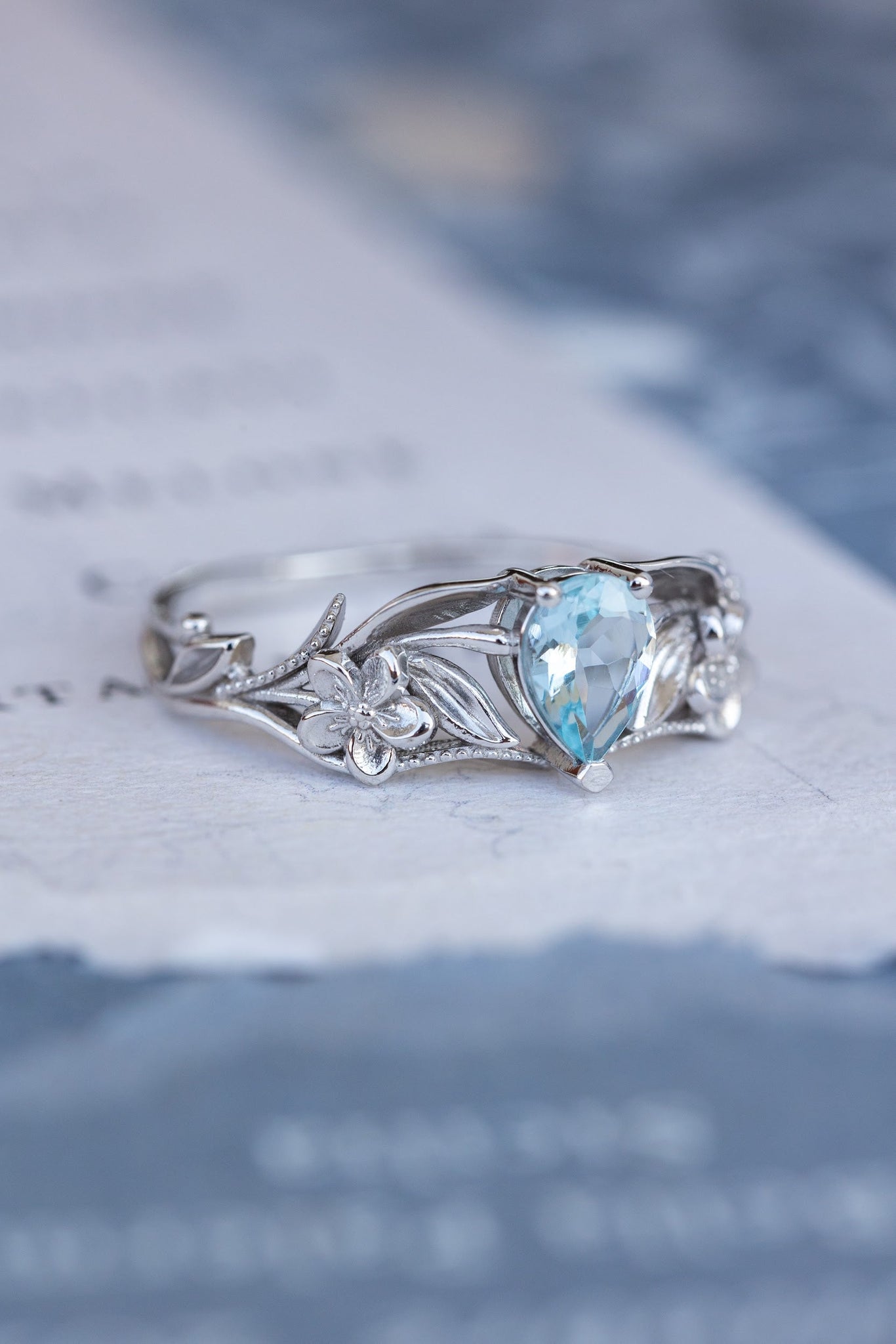 Gold flower engagement ring with natural aquamarine, art nouveau proposal ring / Eloise - Eden Garden Jewelry™