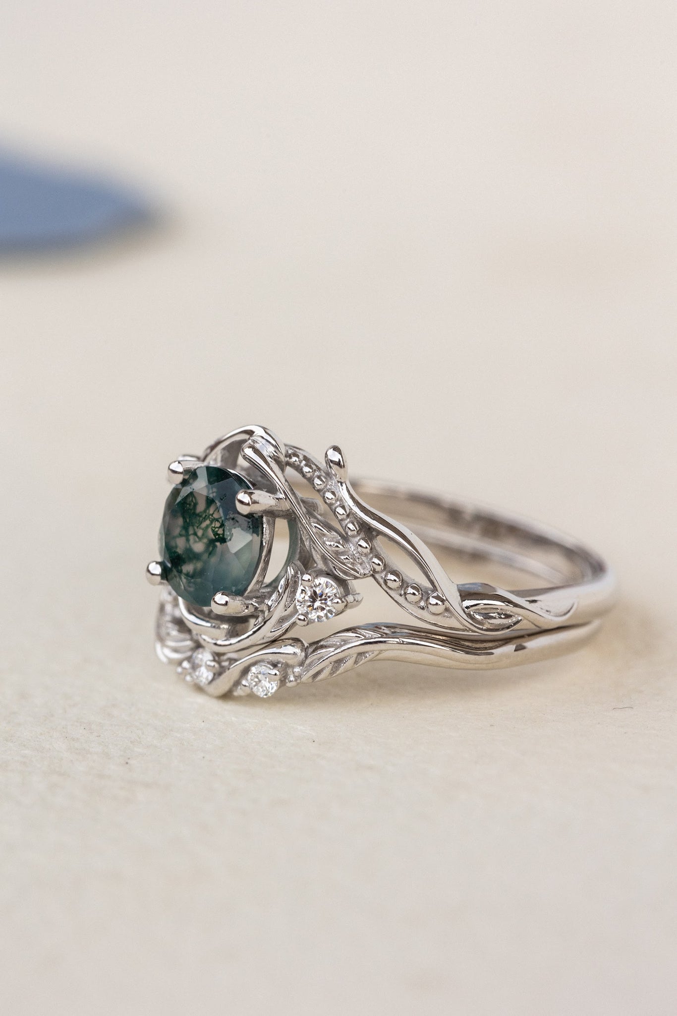 White gold bridal ring set with round moss agate and accent diamonds / Undina - Eden Garden Jewelry™