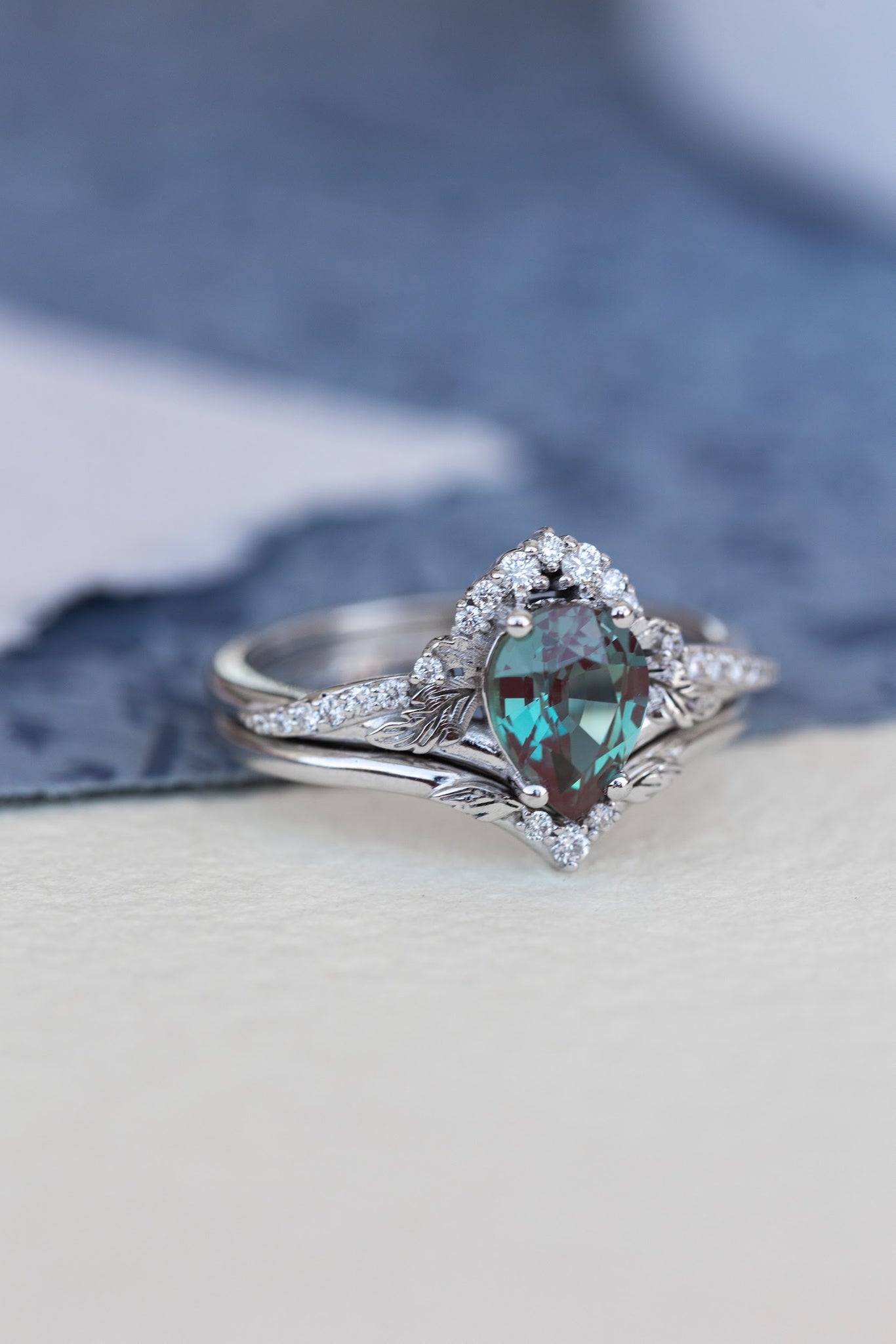 Pear lab alexandrite engagement ring, nature inspired proposal ring with accent diamonds / Amelia - Eden Garden Jewelry™