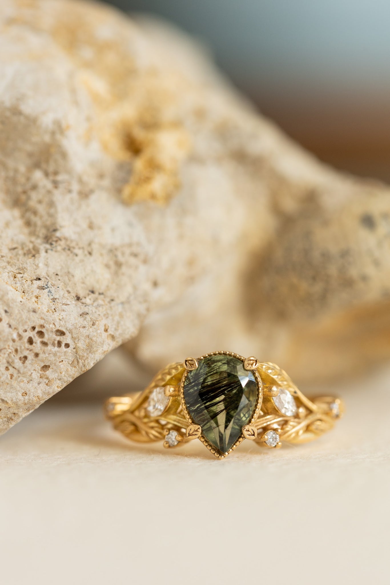 Patricia ring in 14K yellow gold, natural rutile peridot,  pear cut 8x6 mm - Eden Garden Jewelry™