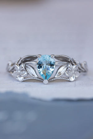 Natural aquamarine engagement ring set, art nouveau flower bridal ring set / Eloise - Eden Garden Jewelry™