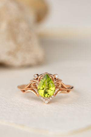 Natural peridot engagement ring, teardrop gemstone proposal ring / Lida small - Eden Garden Jewelry™