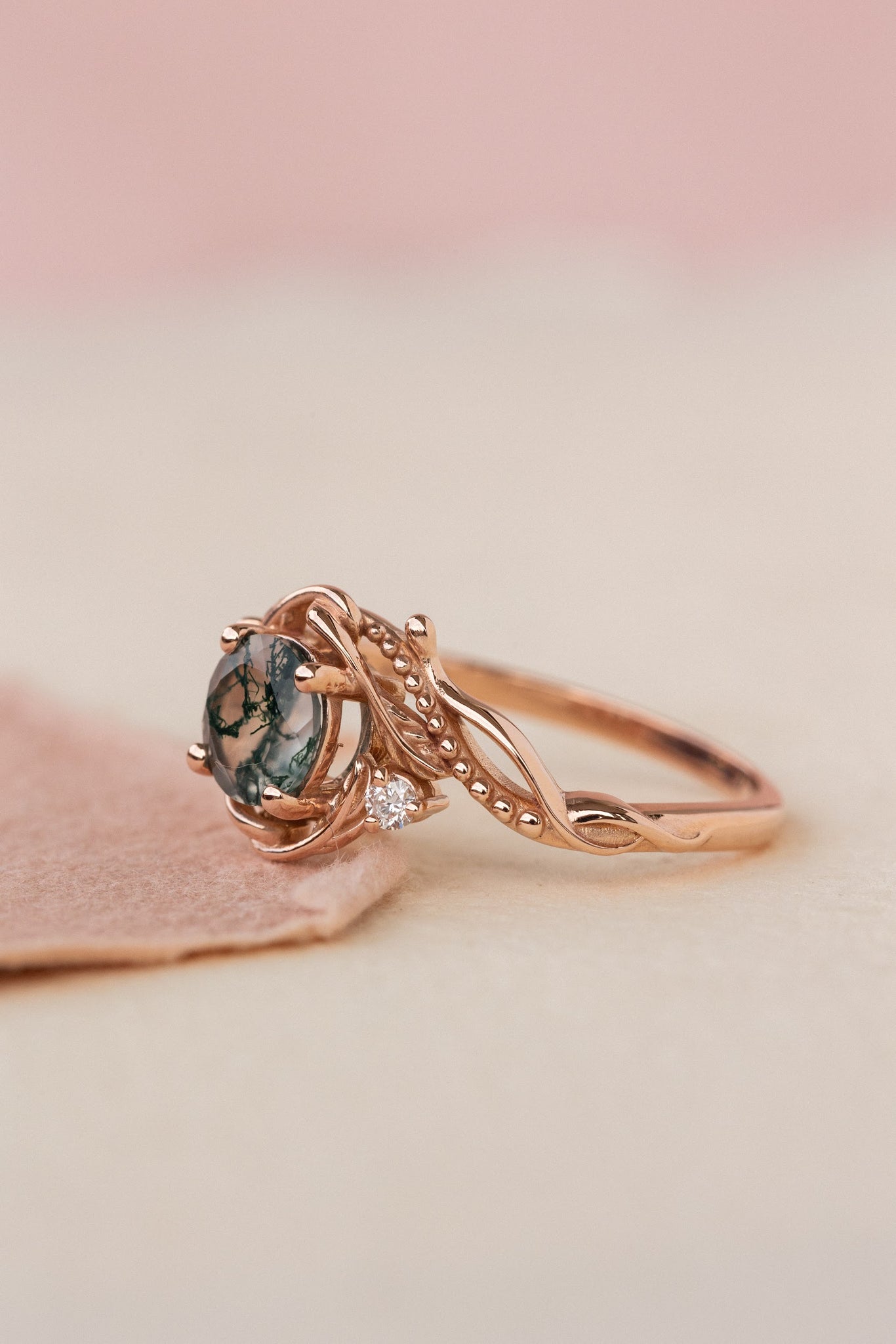 Rose gold engagement ring with moss agate and diamond accents / Undina - Eden Garden Jewelry™