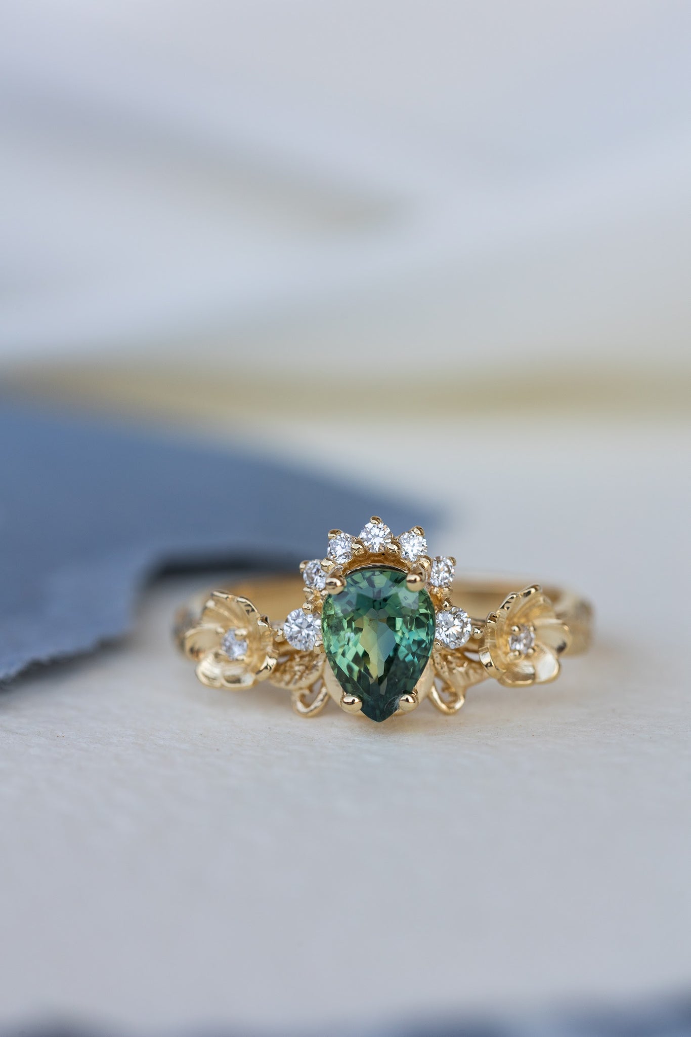 Green sapphire engagement ring with accent diamonds, flower style gold promise ring / Adelina - Eden Garden Jewelry™