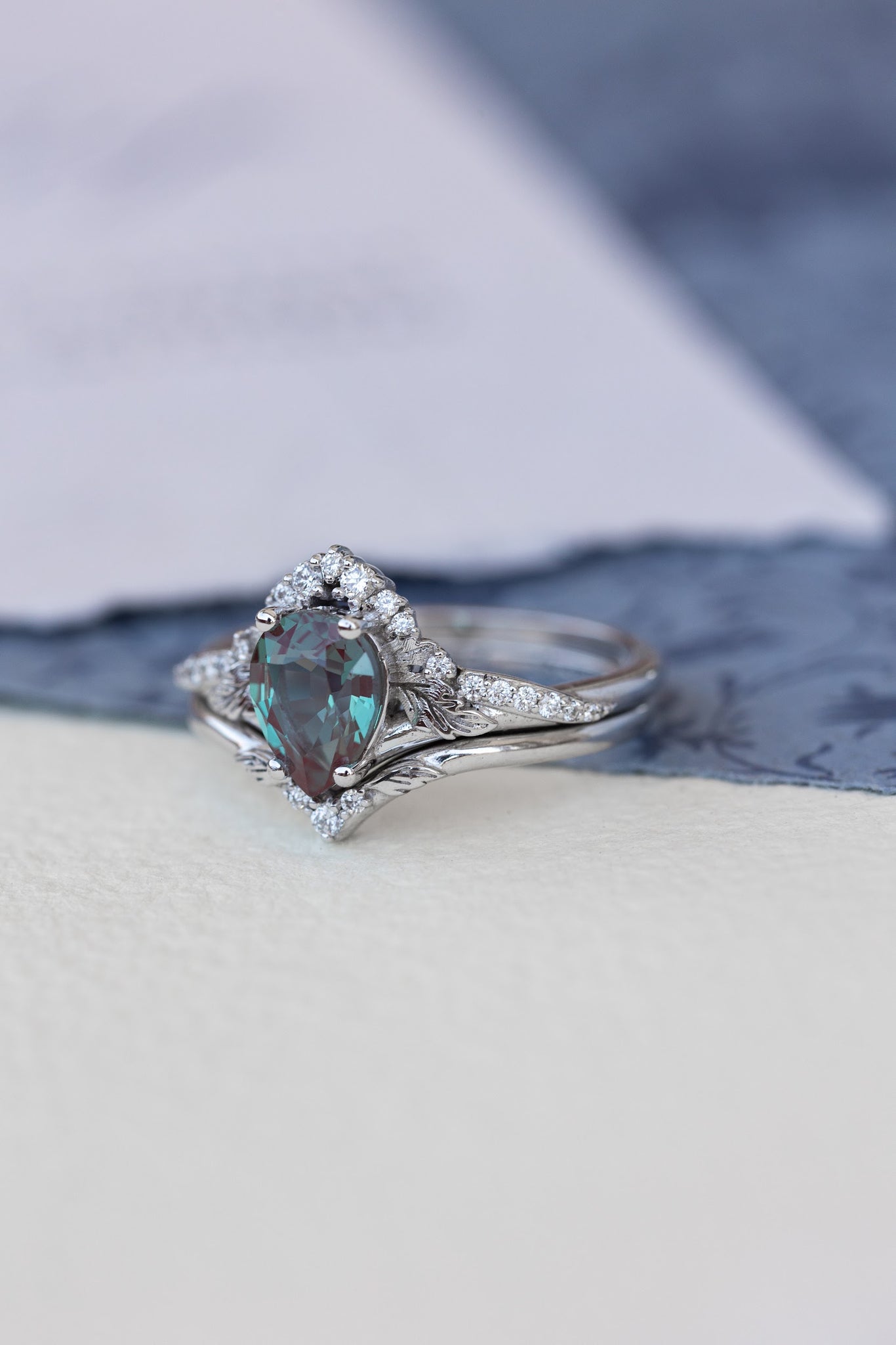 Pear lab alexandrite engagement ring, nature inspired proposal ring with accent diamonds / Amelia - Eden Garden Jewelry™