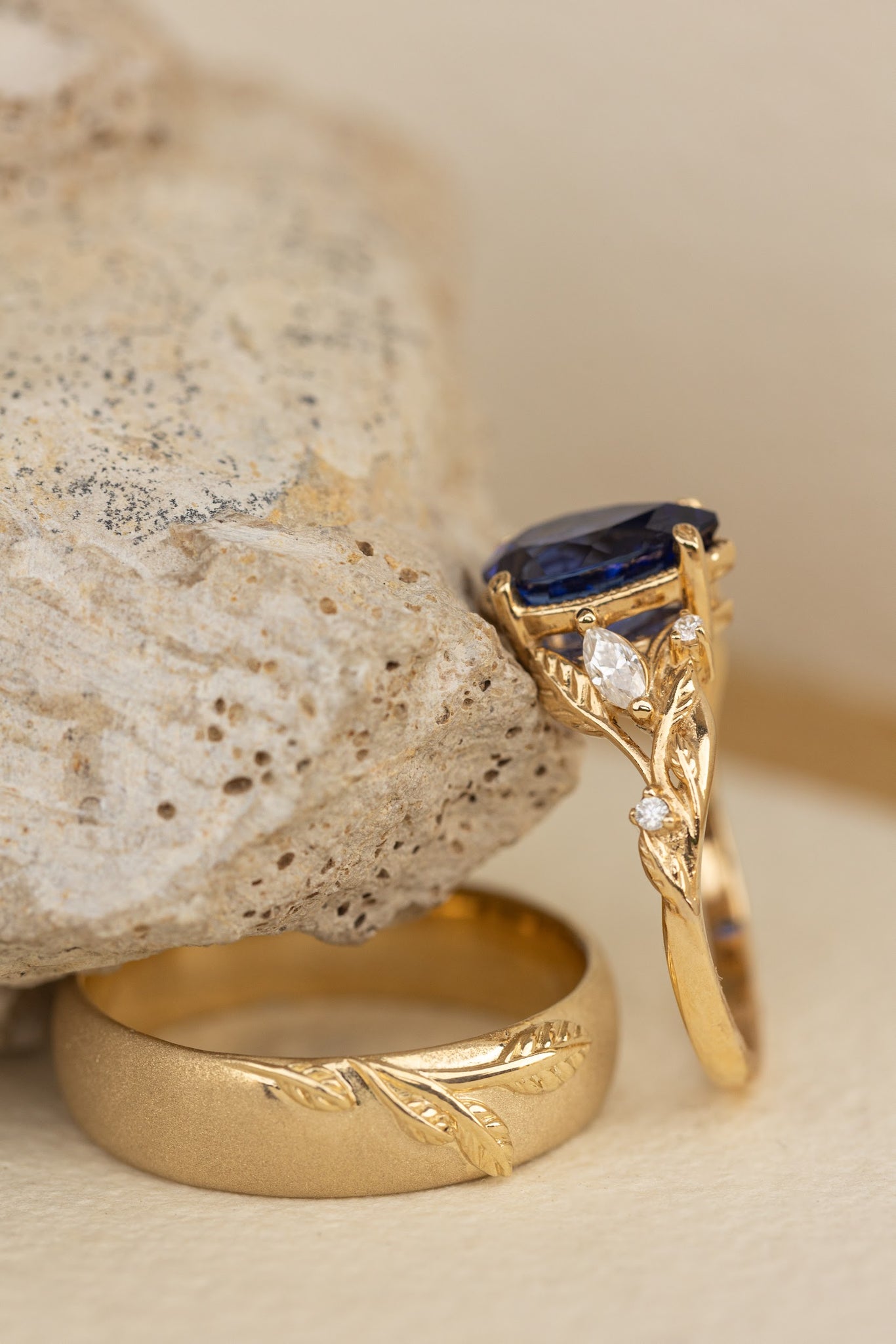 Wedding rings set for couple: satin wedding band for him, Patricia ring set with lab blue sapphire for her - Eden Garden Jewelry™