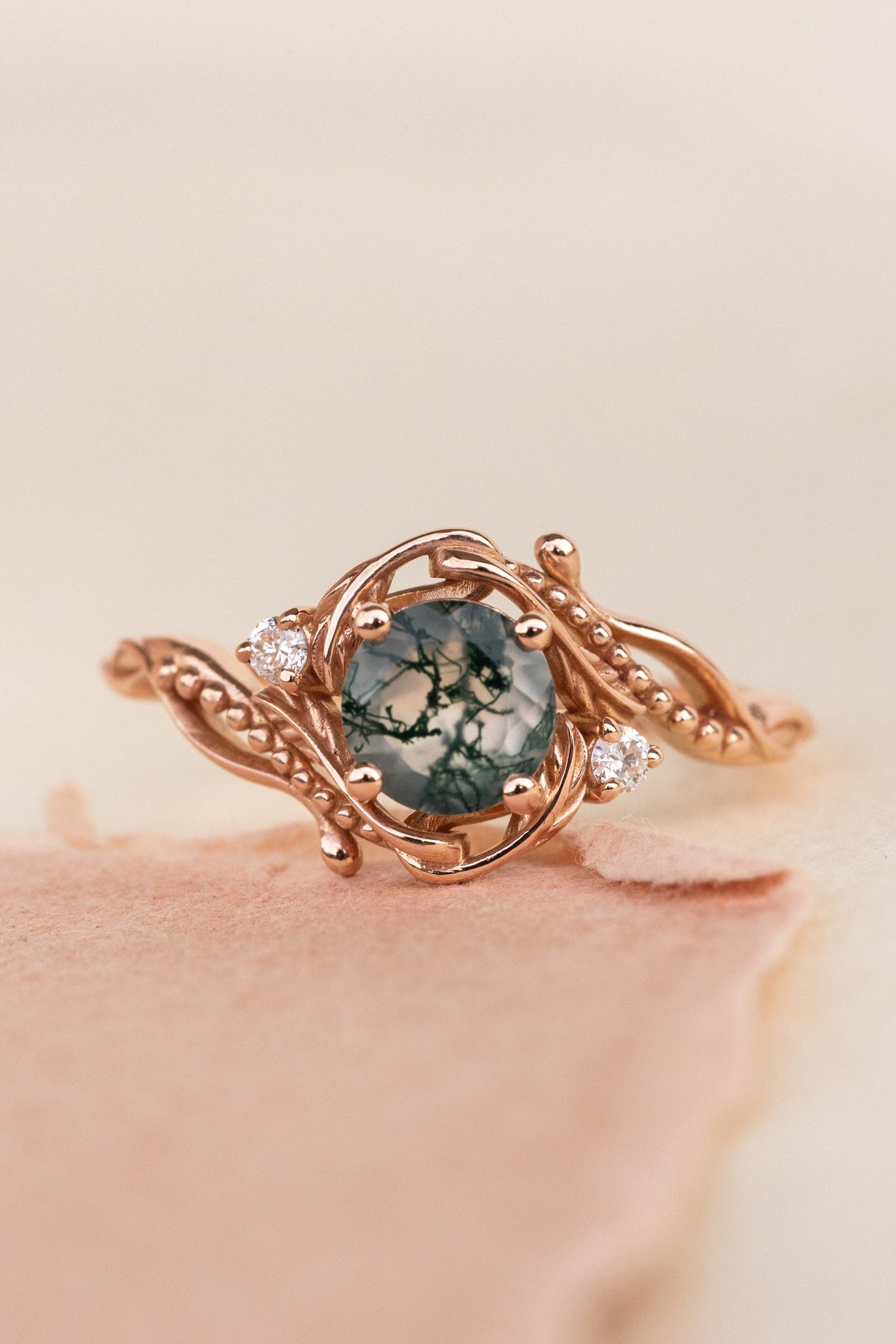 Rose gold engagement ring with moss agate and diamond accents / Undina - Eden Garden Jewelry™