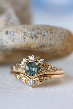 Round moss agate bridal ring set, diamond tiara rings / Ariadne - Eden Garden Jewelry™