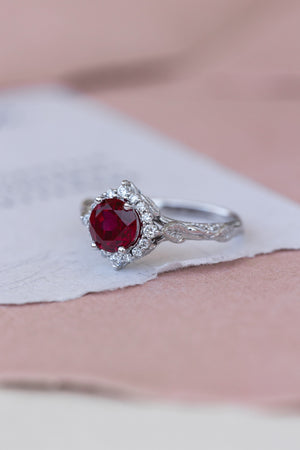 Lab ruby and diamond halo bridal ring set, nature inspired white gold stacking rings / Florentina - Eden Garden Jewelry™