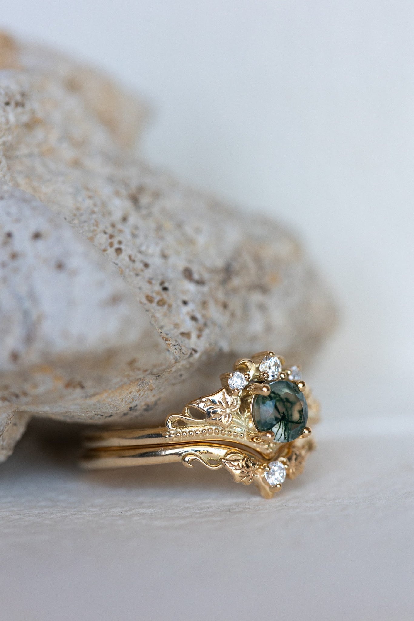 READY TO SHIP: Ariadne bridal ring set in 14K or 18K yellow gold, natural moss agate 5 mm, accents moissanites, AVAILABLE RING SIZES: 5-11US - Eden Garden Jewelry™