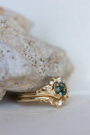 READY TO SHIP: Ariadne bridal ring set in 14K or 18K yellow gold, natural moss agate 5 mm, accents moissanites, AVAILABLE RING SIZES: 5-11US - Eden Garden Jewelry™