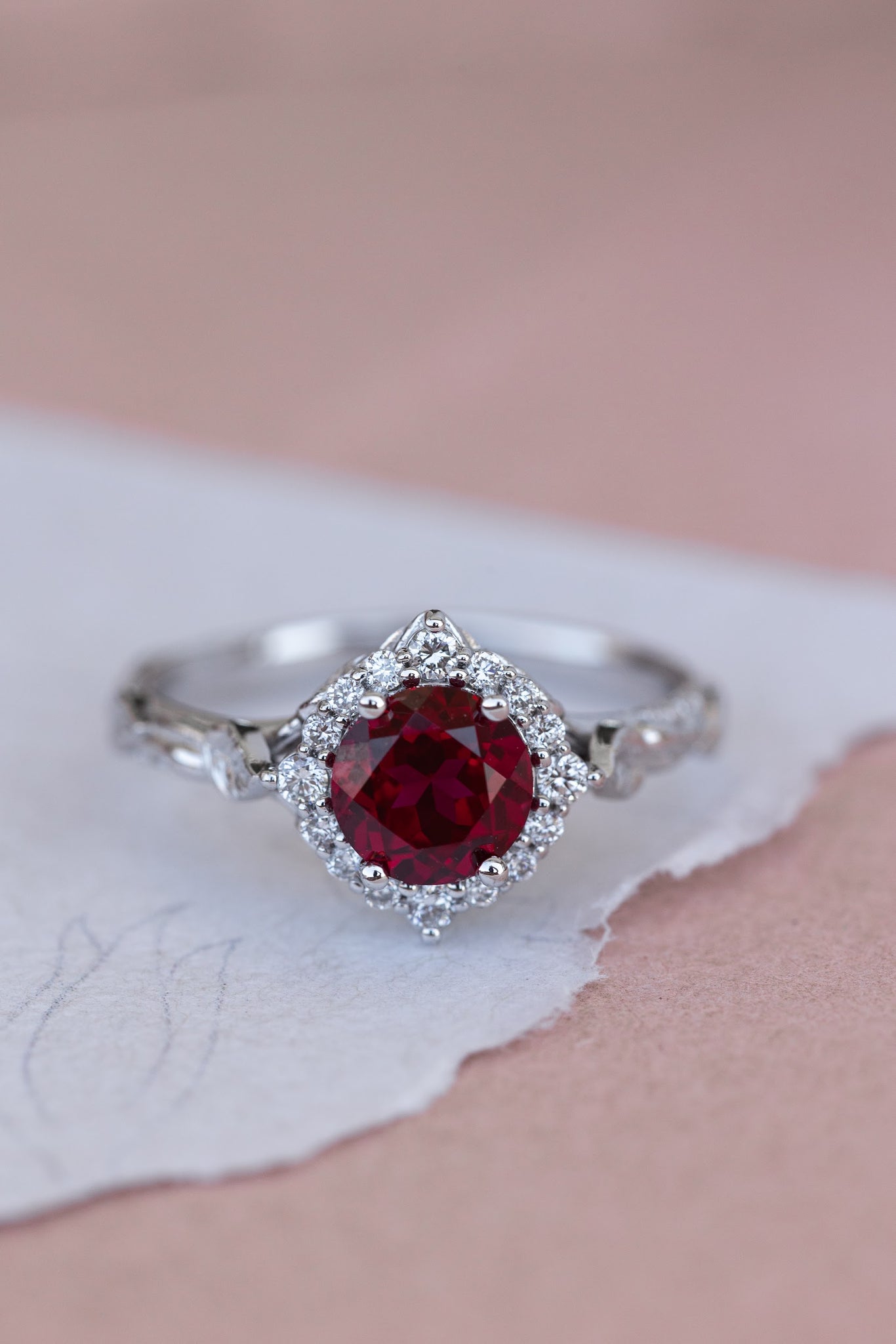 Lab ruby and diamond halo bridal ring set, nature inspired white gold stacking rings / Florentina - Eden Garden Jewelry™