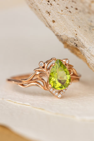 Natural peridot engagement ring, teardrop gemstone proposal ring / Lida small - Eden Garden Jewelry™