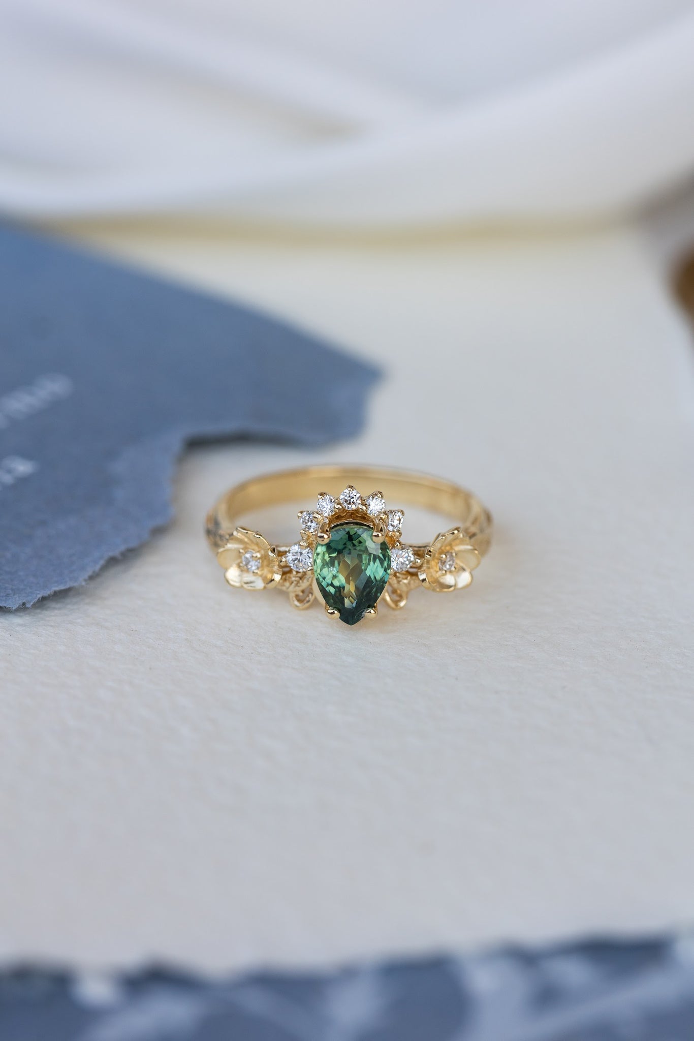 Green sapphire engagement ring with accent diamonds, flower style gold promise ring / Adelina - Eden Garden Jewelry™