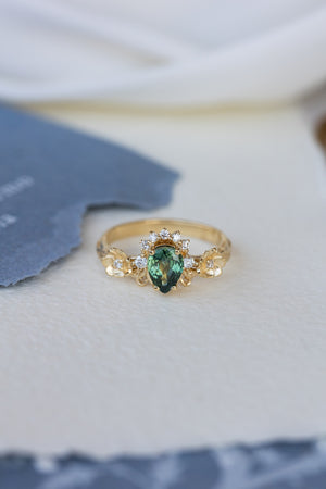 Green sapphire engagement ring with accent diamonds, flower style gold promise ring / Adelina - Eden Garden Jewelry™