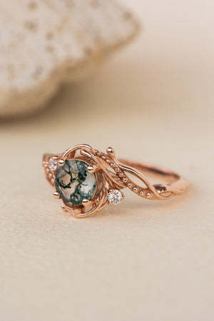 Rose gold engagement ring with moss agate and diamond accents / Undina - Eden Garden Jewelry™