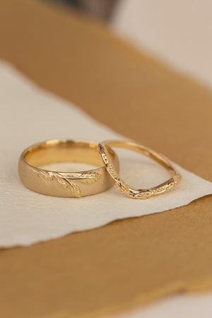 Wedding rings set for couples: satin band with branch for him, simple curved twig ring for her - Eden Garden Jewelry™