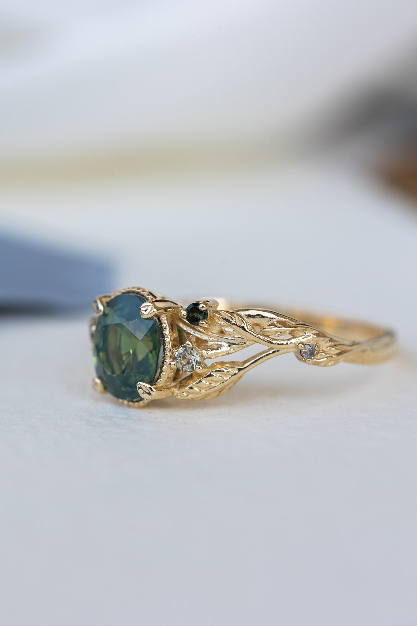 Multi colored stone engagement ring, nature inspired gold engagement ring with opalescent sapphire / Patricia - Eden Garden Jewelry™