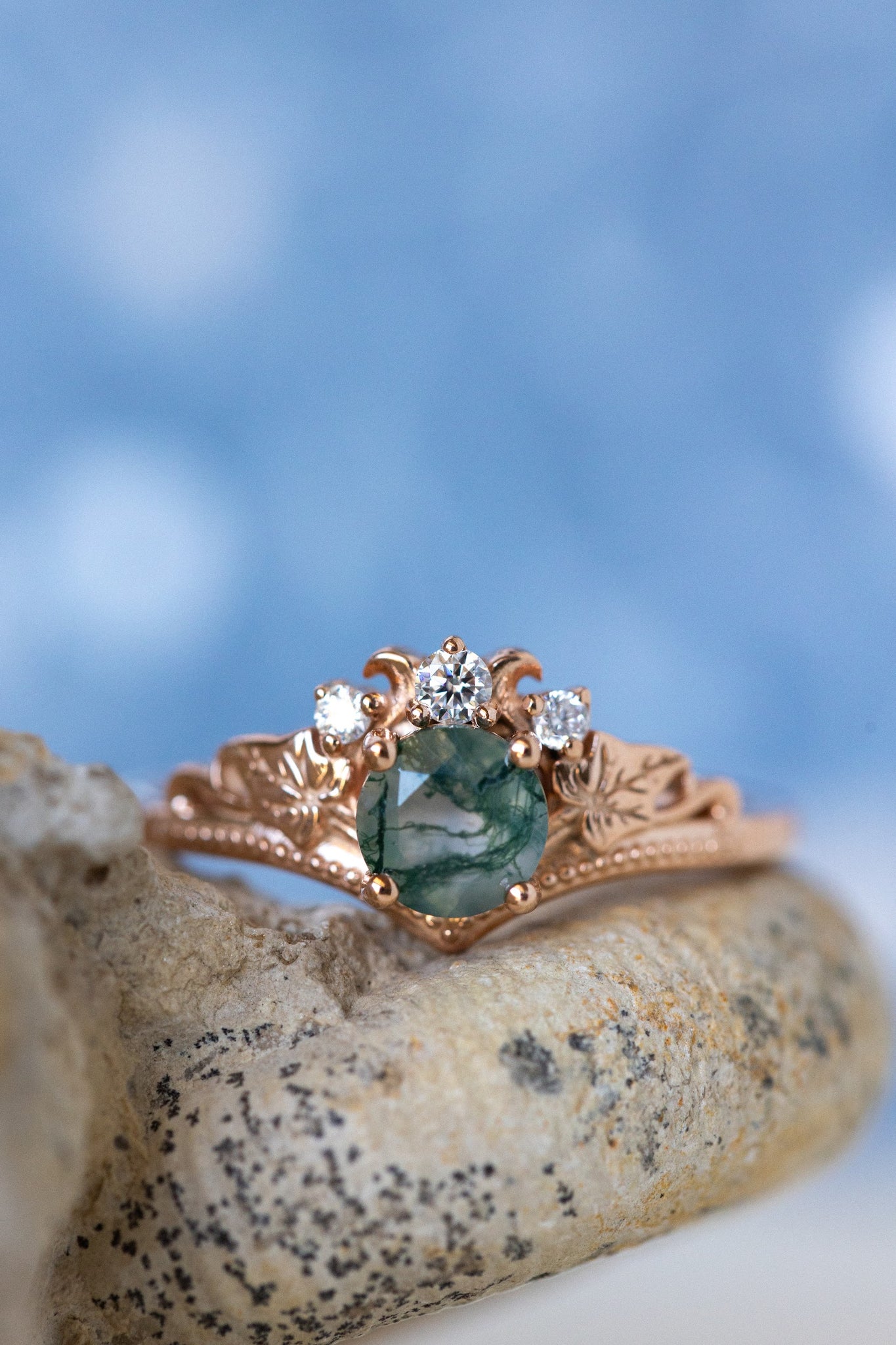 Round moss agate bridal ring set, diamond tiara rings / Ariadne - Eden Garden Jewelry™