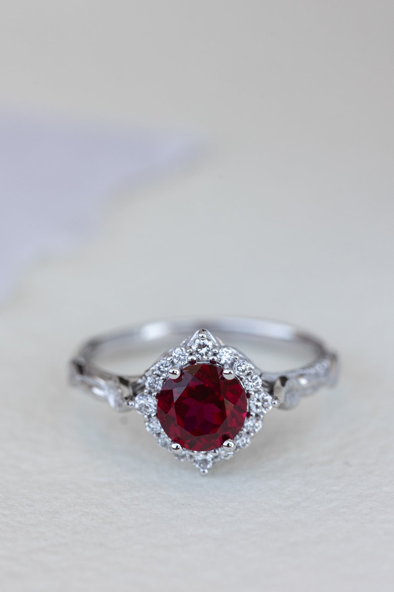 Lab ruby and diamond halo bridal ring set, nature inspired white gold stacking rings / Florentina - Eden Garden Jewelry™