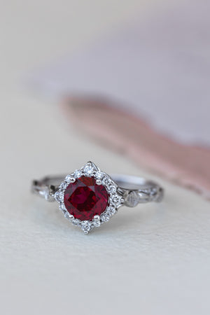 Halo engagement ring with 1.5 carat lab ruby, white gold leaf engagement ring  / Florentina - Eden Garden Jewelry™