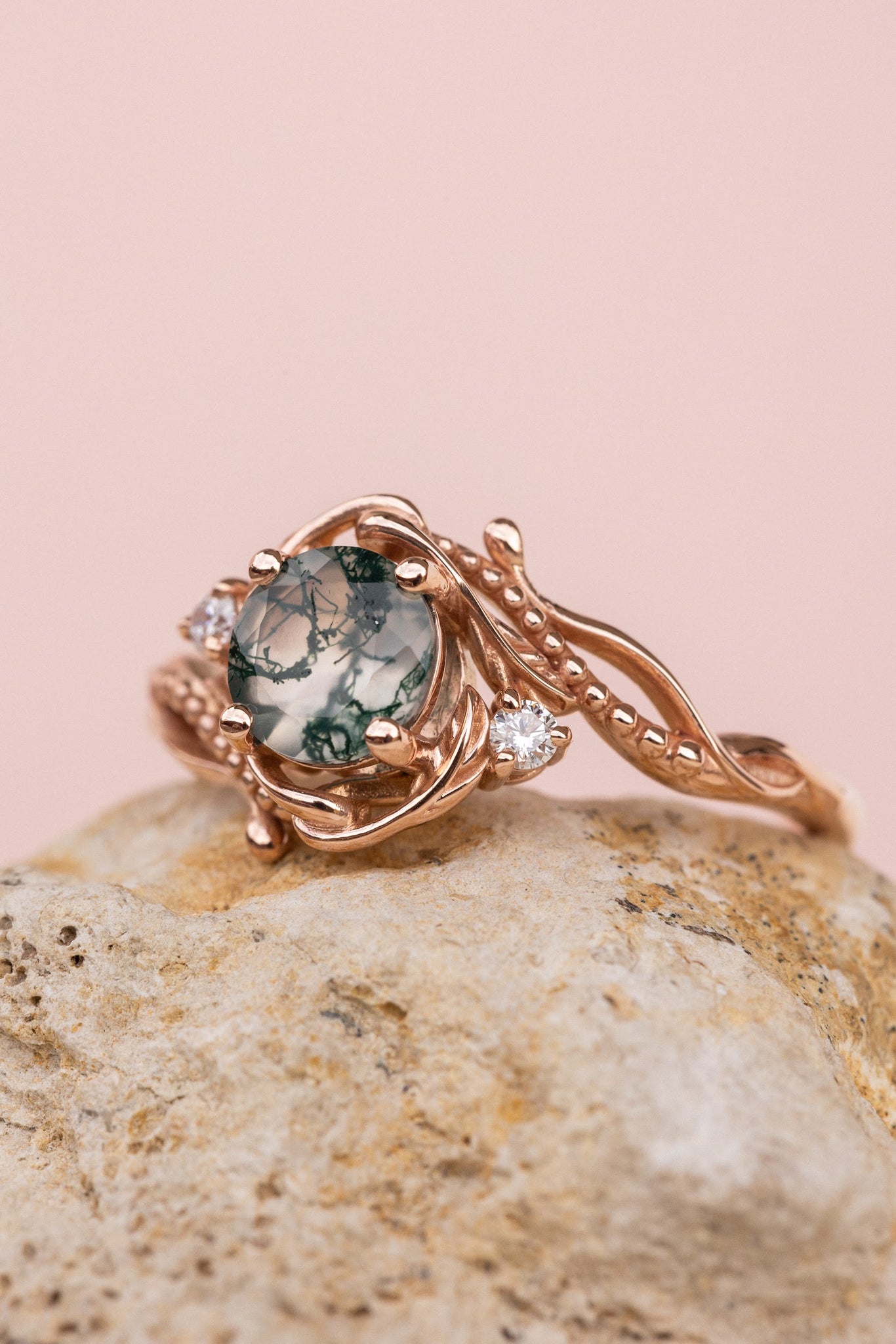 Natural moss agate yellow gold engagement ring with accent diamonds, nature themed proposal gold ring with diamonds / Undina - Eden Garden Jewelry™