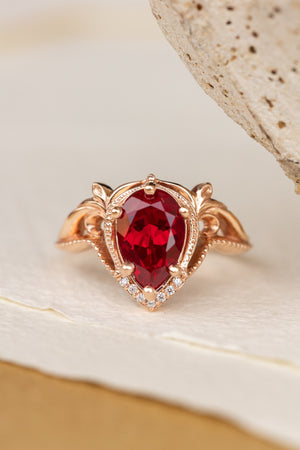 Lab ruby and diamonds engagement ring, big pear shape gemstone promise ring  / Lida - Eden Garden Jewelry™