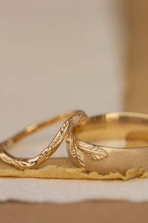 Wedding rings set for couples: satin band with branch for him, simple curved twig ring for her - Eden Garden Jewelry™