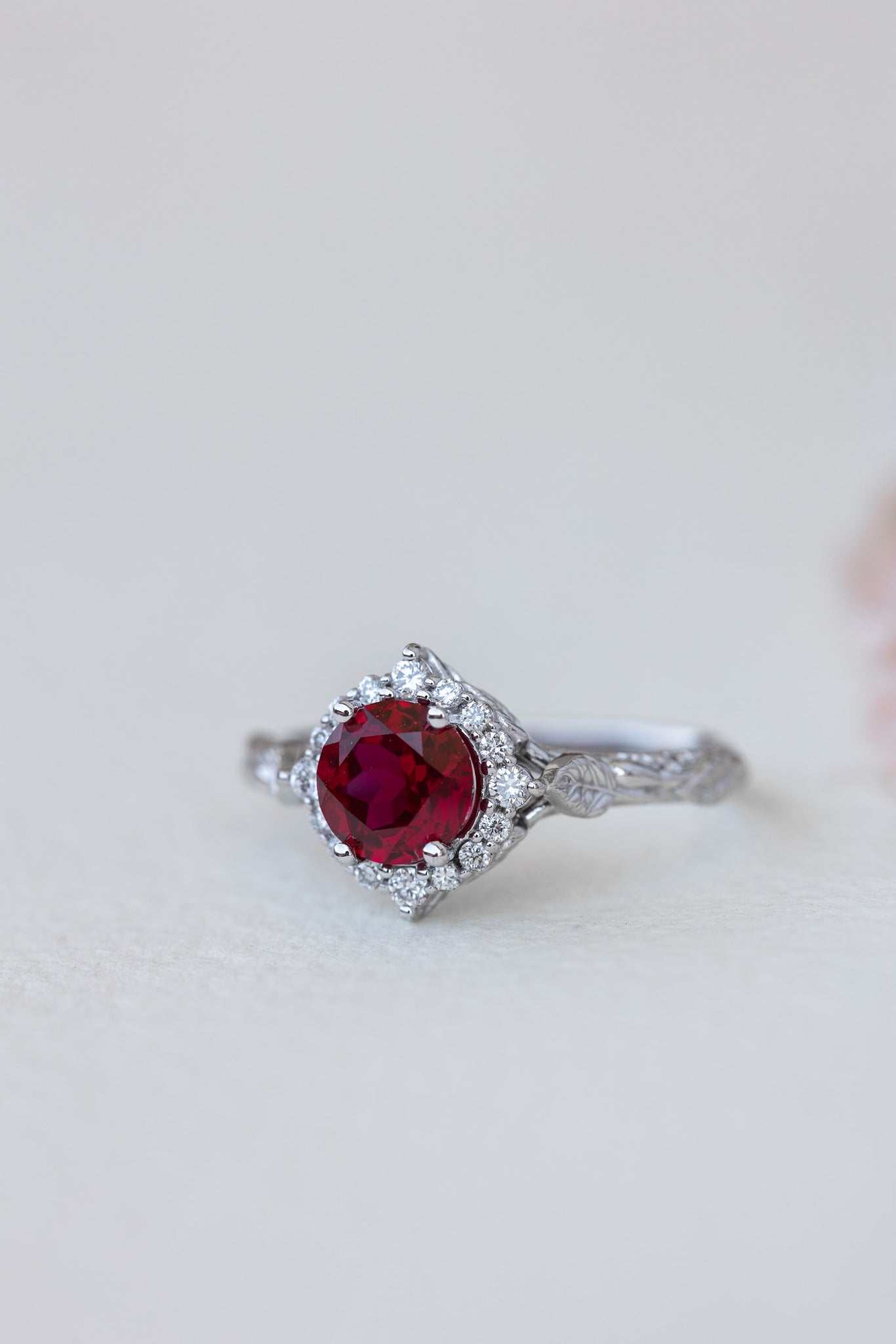 Halo engagement ring with 1.5 carat lab ruby, white gold leaf engagement ring  / Florentina - Eden Garden Jewelry™