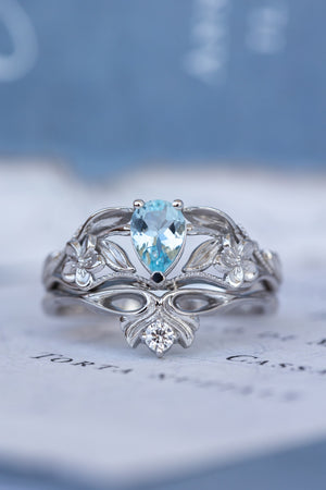 Gold flower engagement ring with natural aquamarine, art nouveau proposal ring / Eloise - Eden Garden Jewelry™