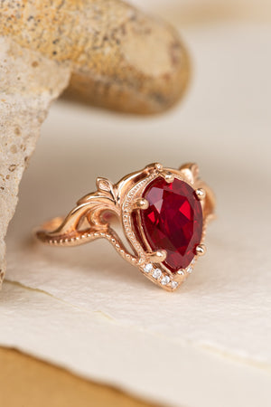 Lab ruby and diamonds engagement ring, big pear shape gemstone promise ring  / Lida - Eden Garden Jewelry™