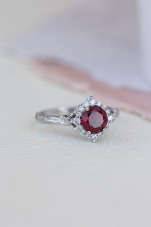 Halo engagement ring with 1.5 carat lab ruby, white gold leaf engagement ring  / Florentina - Eden Garden Jewelry™