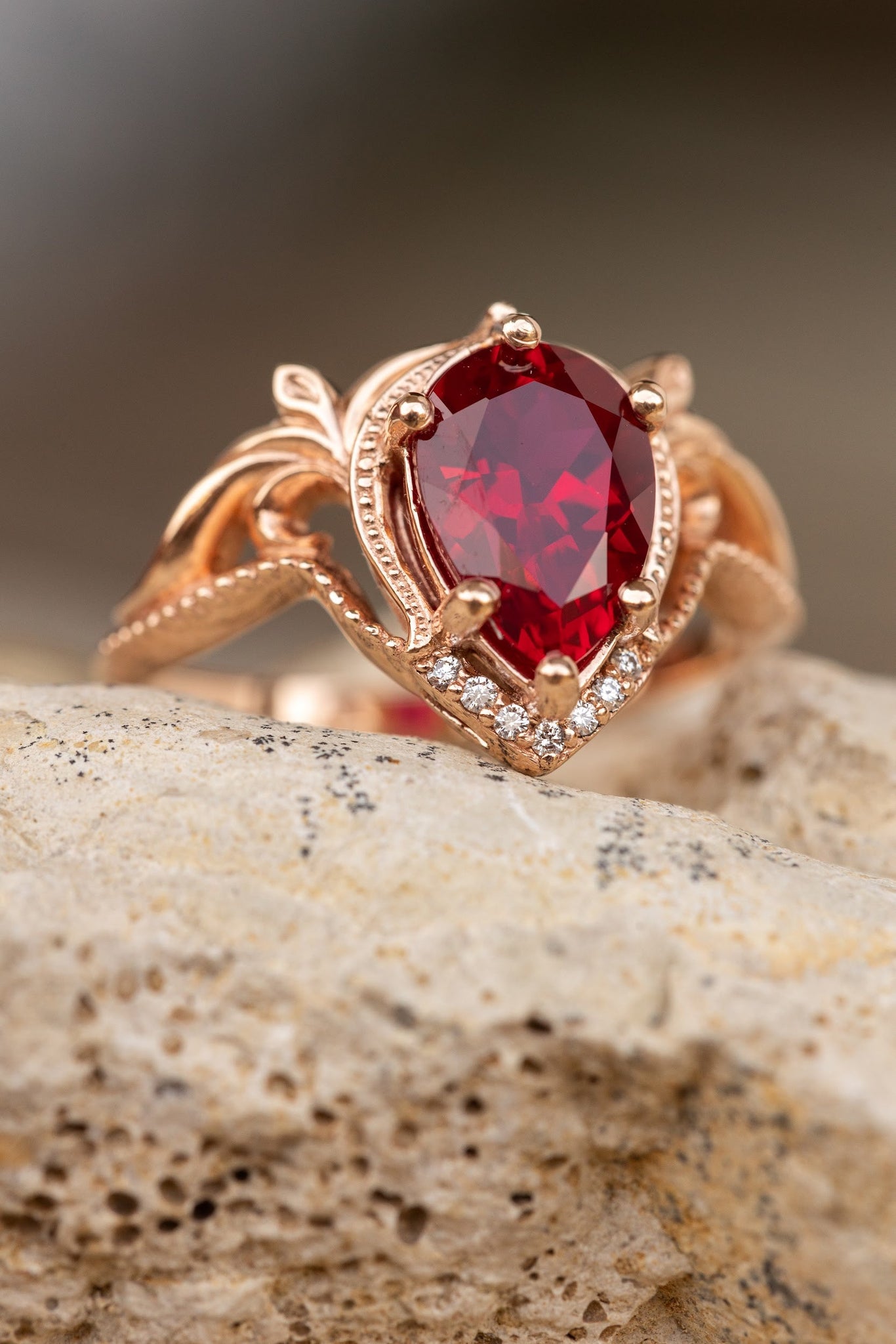 Lab ruby and diamonds engagement ring, big pear shape gemstone promise ring  / Lida - Eden Garden Jewelry™