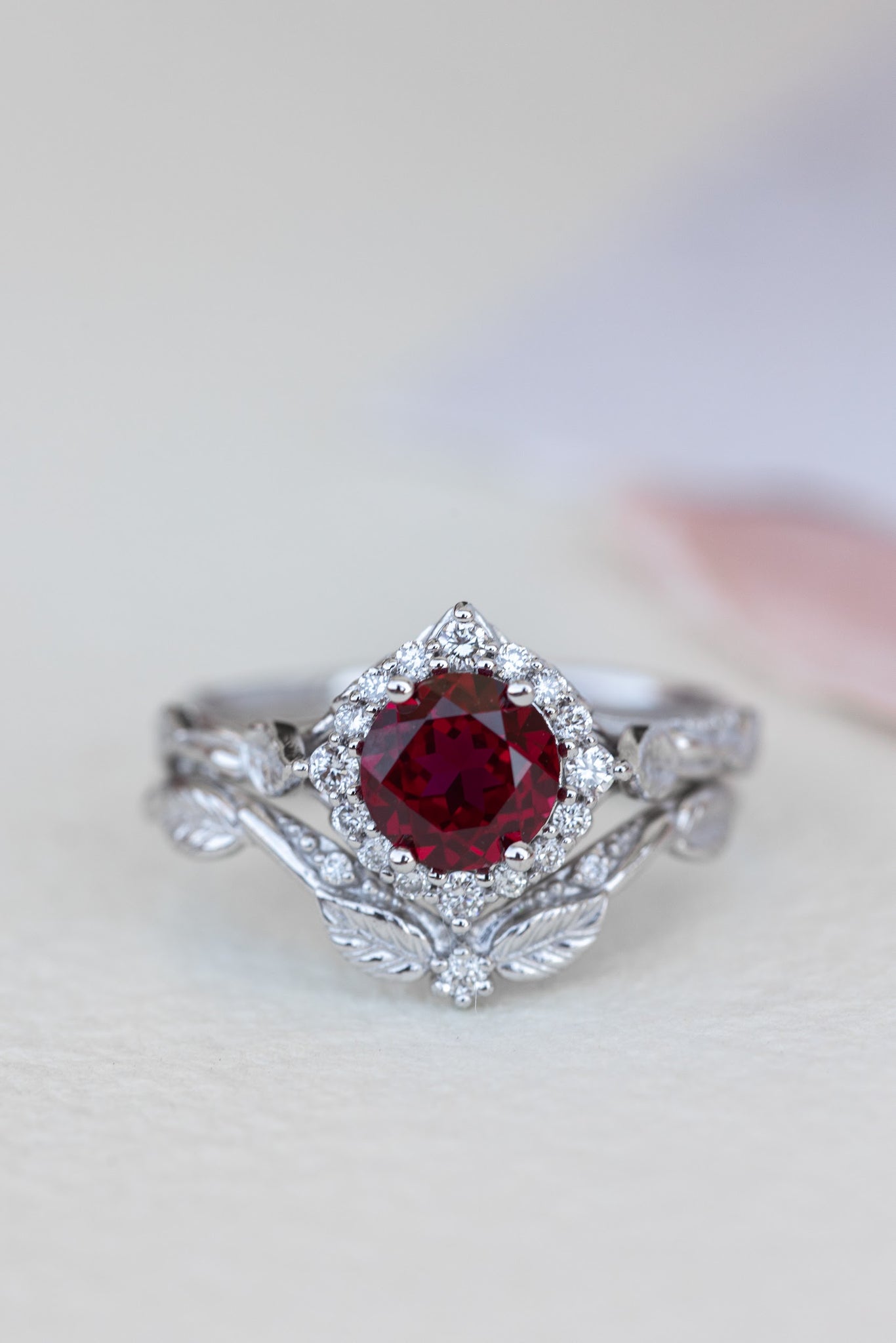 Halo engagement ring with 1.5 carat lab ruby, white gold leaf engagement ring  / Florentina - Eden Garden Jewelry™