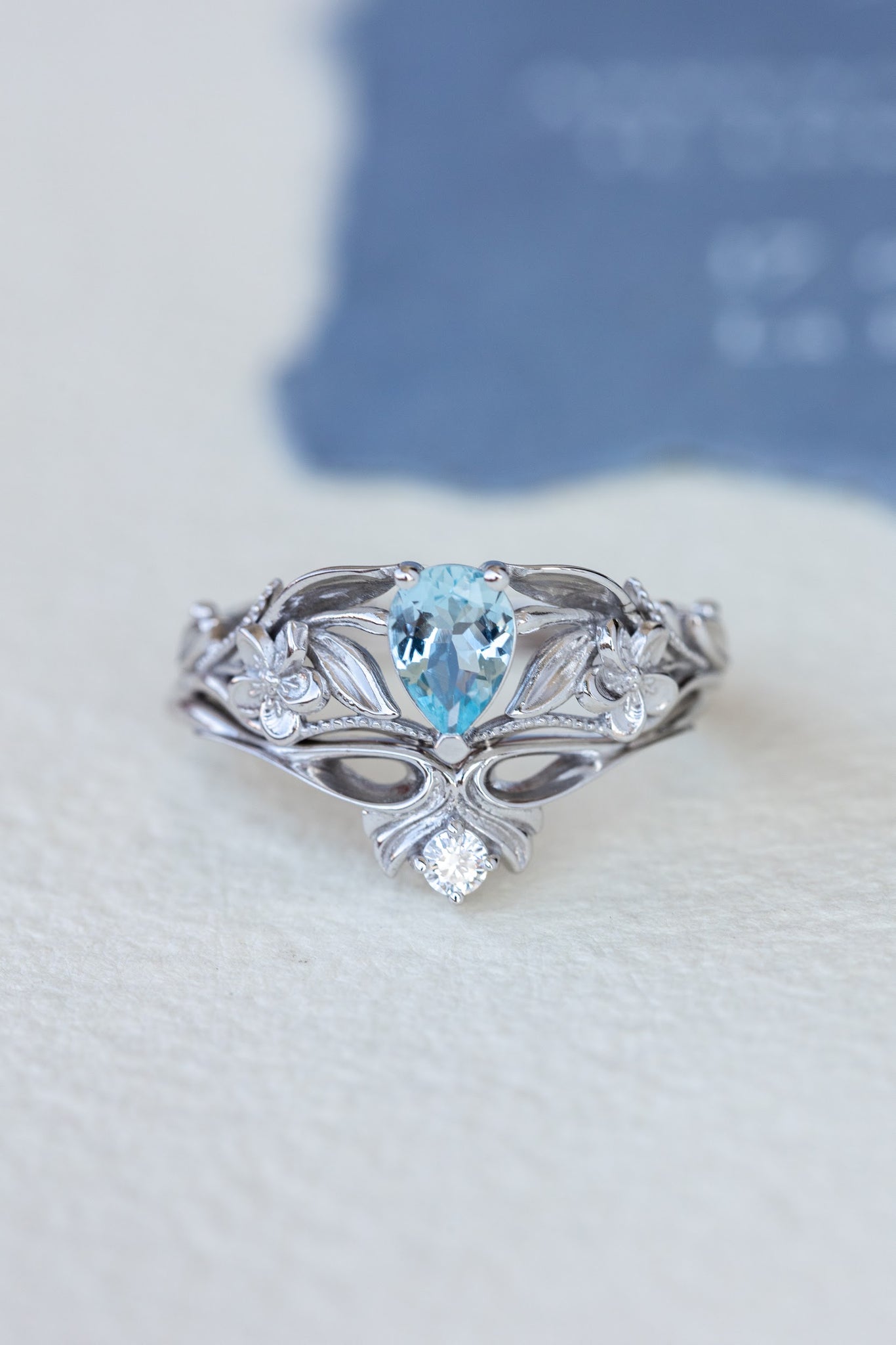 Natural aquamarine engagement ring set, art nouveau flower bridal ring set / Eloise - Eden Garden Jewelry™