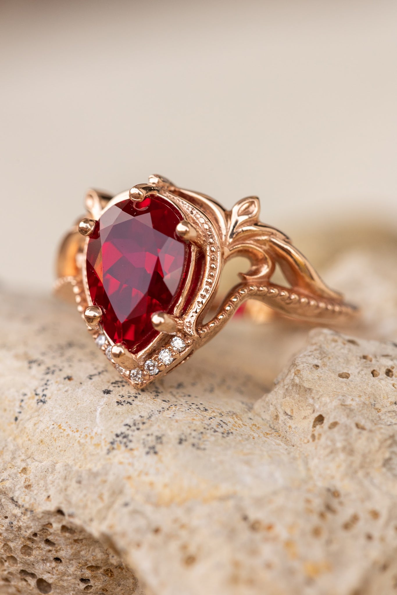 Lab ruby and diamonds engagement ring, big pear shape gemstone promise ring  / Lida - Eden Garden Jewelry™