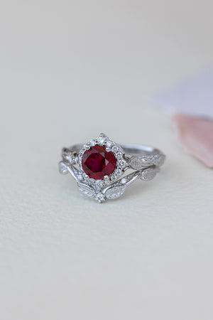 Lab ruby and diamond halo bridal ring set, nature inspired white gold stacking rings / Florentina - Eden Garden Jewelry™