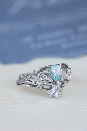 Natural aquamarine engagement ring set, art nouveau flower bridal ring set / Eloise - Eden Garden Jewelry™