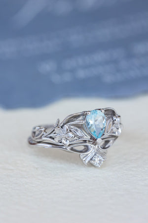 Gold flower engagement ring with natural aquamarine, art nouveau proposal ring / Eloise - Eden Garden Jewelry™