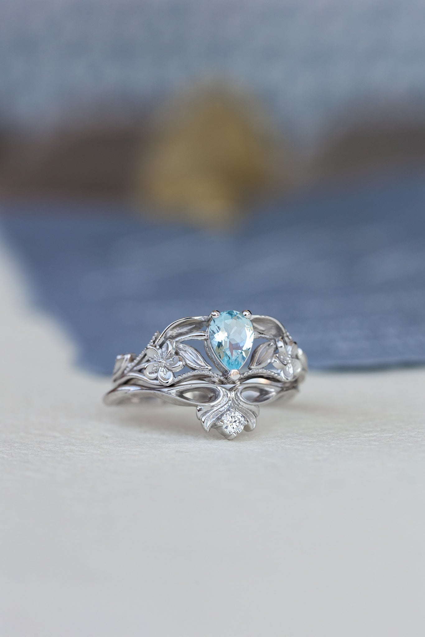 Natural aquamarine engagement ring set, art nouveau flower bridal ring set / Eloise - Eden Garden Jewelry™