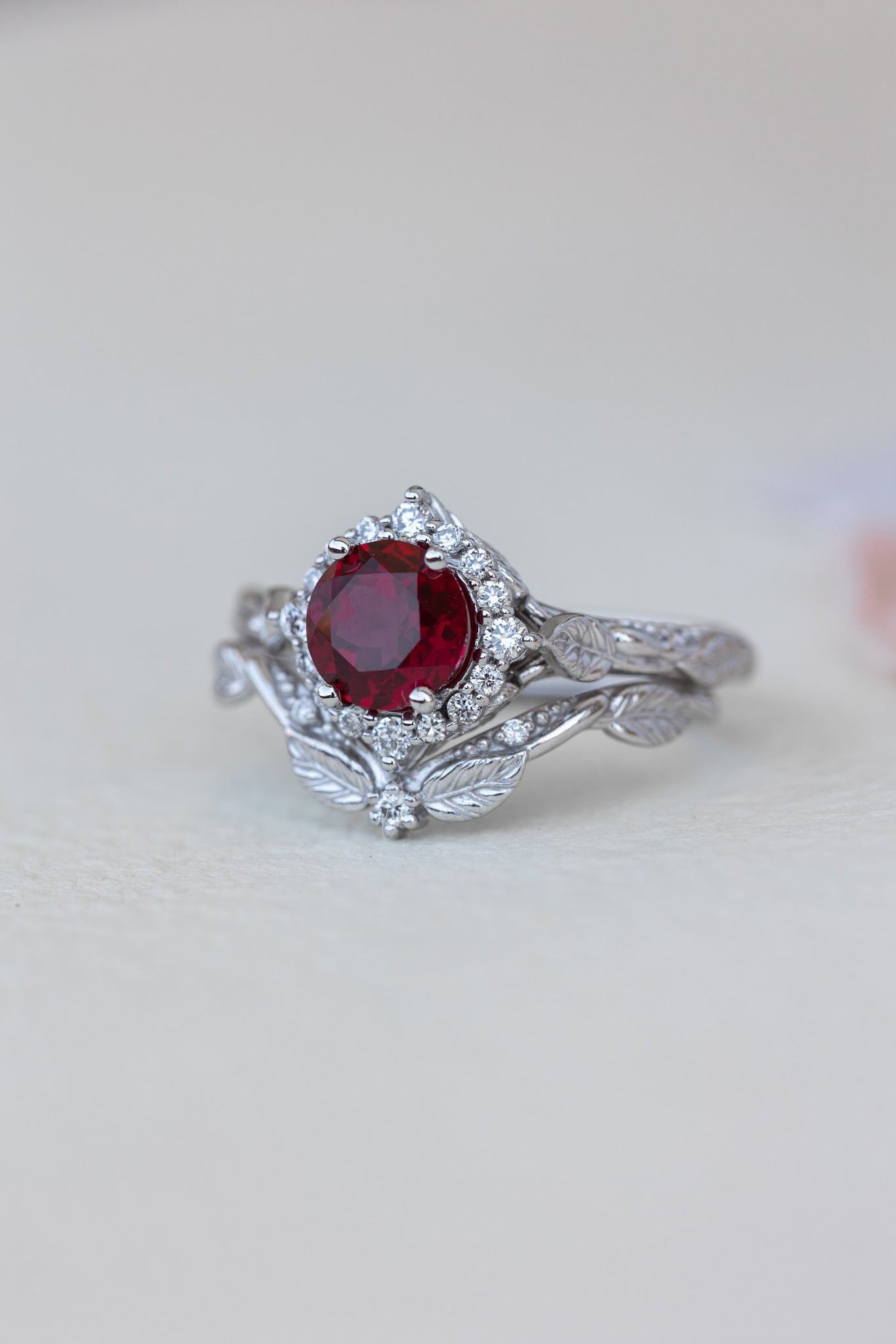 Lab ruby and diamond halo bridal ring set, nature inspired white gold stacking rings / Florentina - Eden Garden Jewelry™