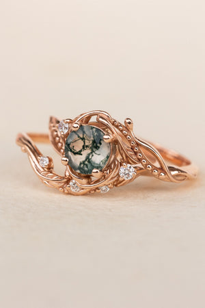 Bridal ring set in rose gold with natural round moss agate and accent diamonds / Undina - Eden Garden Jewelry™