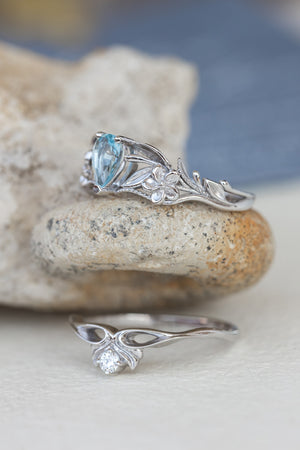 Natural aquamarine engagement ring set, art nouveau flower bridal ring set / Eloise - Eden Garden Jewelry™